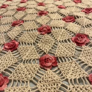 VTG Chrochet Knit Lap Blanket Coverlet 3D Flowers Scalloped Granny Cottage